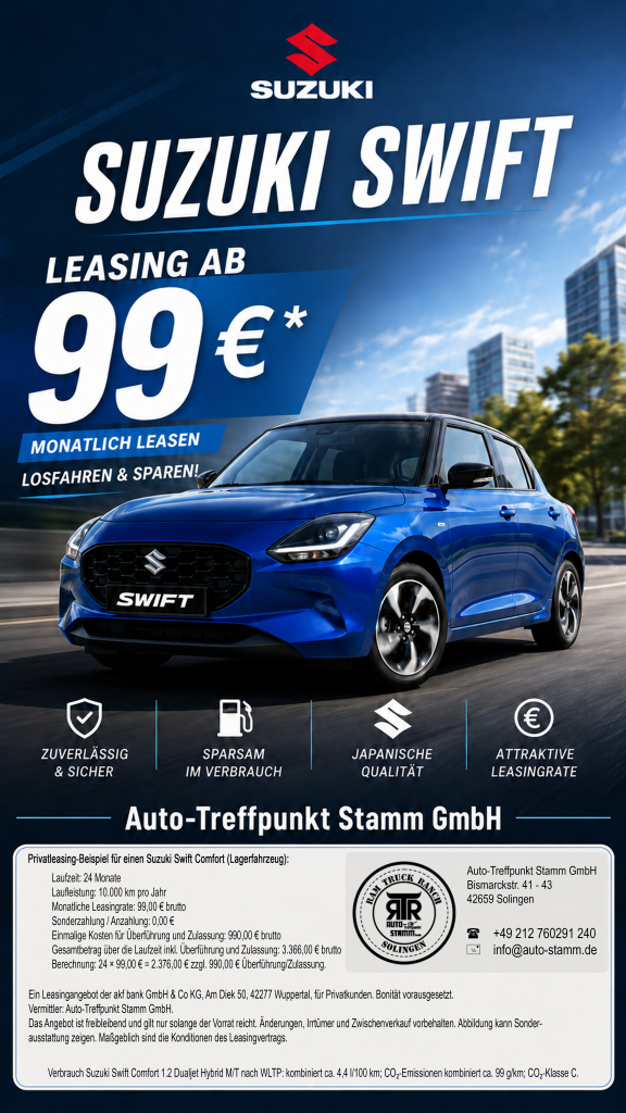 Suzuki Swift Comfort Leasingangebot: 99 Euro monatlich bei 24 Monaten Laufzeit, 10.000 km pro Jahr, 0 Euro Anzahlung und 990 Euro für Überführung und Zulassung. Angebot der akf bank, vermittelt durch Auto-Treffpunkt Stamm GmbH.
